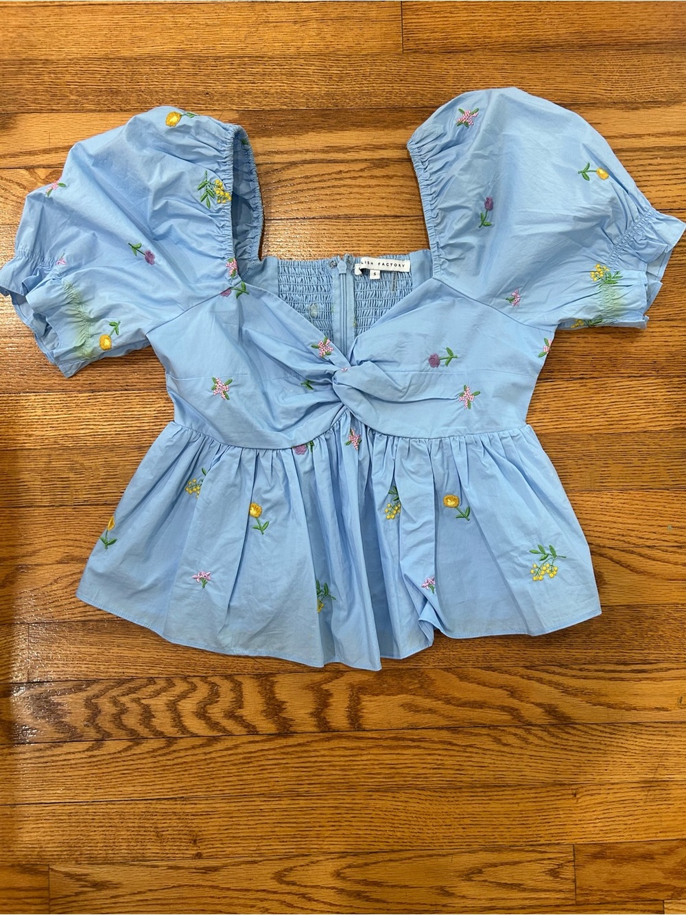 English Factory Light Blue Floral Embroidered Puff Sleeve Top